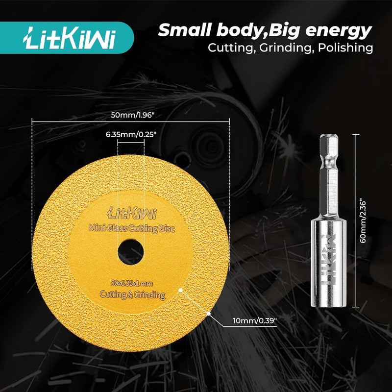LitKiwi 1/4" Hex Shank with 2PCS Diamond Cutting Blade Wheel for PVC Pipe Cutter,Mini Glasses Cutting Disc Also for Cutting Glass, Jade, Crystal, Ceramics and etc. - Image 5